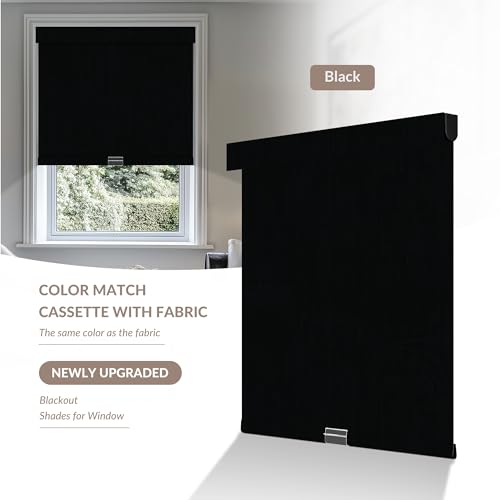 Boolegon Cordless Blackout Roller Shades for Windows, Free-Stop Linen Shades with Valance, Thermal Insulated Fabric, UV Protection Roller Blinds for Home, Office (Black, 15" W x 48" H)