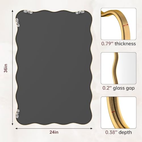 PROHOMEWARE 24 * 36" Gold Bathroom Mirror for Wall,Wavy Rectangular Mirror,Vanity Mirror,Bathroom Mirrors for Wall,Wall-Mounted Metal Frame Mirror for Bedroom Entryway Living Room Farmhouse (Gold)