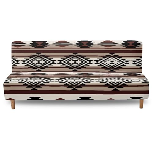 Western Aztec Armless Futon Cover Navajo Southwestern Ethnic Stretch Armless Sofa Slipcover with Elastic Bottom Washable Couch Covers for Sofa Decor