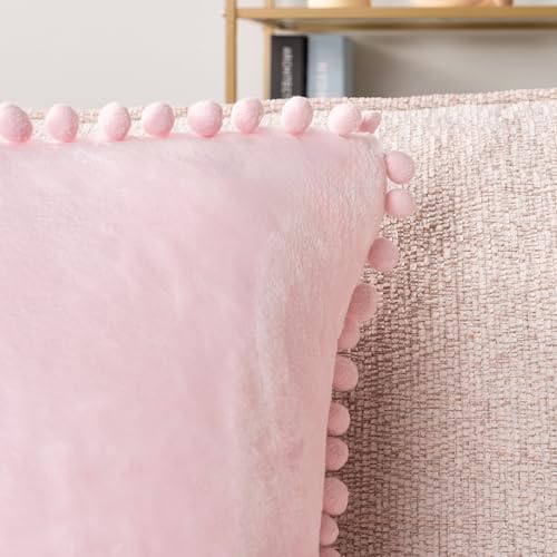 PAVILIA Light Pink Throw Pillow Covers with Pom Pom 18x18 Set of 2, Decorative Pillow Cases for Bedroom Aesthetic, Small Throw Pillows Set for Bed, Velvet Euro Plush Cushion Covers for Sofa Couch