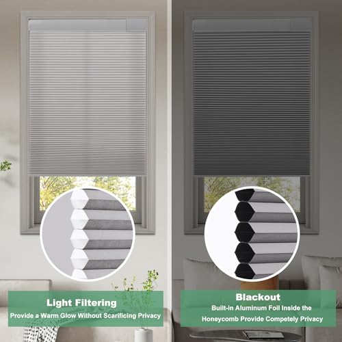 Tonature No Drill Cellular Shades for Indoor Windows, Thermal Insulating & Noise Reducing Honeycomb Blinds, Free Stop Cordless Blackout Shades, Grey, 22" W x 64" H