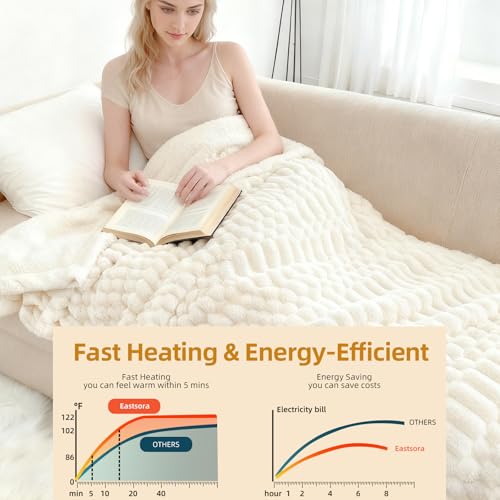 Eastsora Heated Blanket Flannel Blanket Throw, 50"X 60"Electric Heating Blanket with ETL & FCC & 12 Heating Levels & Auto Shut Off，Machine Washable (White)
