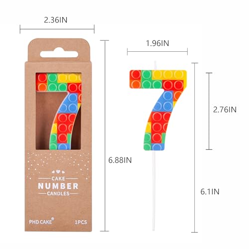 PHD CAKE Number 7 Building Block Birthday Cake Candle, Numeral Birthday Candles