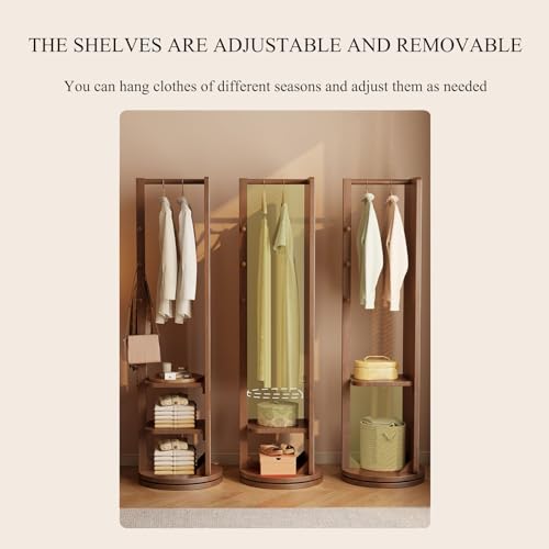 360° Rotatable Full-Length Solid Wood Mirror with Coat Rack | 2-in-1 Floor Standing Makeup & Dressing Mirror for Bedroom, Living Room, Entryway & Cloakroom Storage