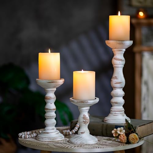 Romadedi Pillar Wood Candle Holders, Whitewashed Brown, Set of 3