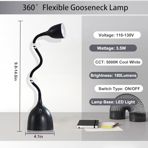 Desk Lamp for Home Office, LED Reading Light, Small Adjustable Flexible Gooseneck Table Lamp, Eye-Caring Desk Lamp for College Dorm Room Study Lamp, Black
