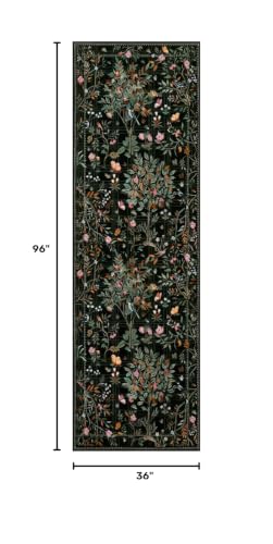 Floral Washable Runner Rug 2x8 Non Slip, Boho Flower Hallway Runner, Botanical Birds Indoor Ultra-Thin Soft Floor Carpet Runner for Kitchen Laundry Bath Room Entrance, Black