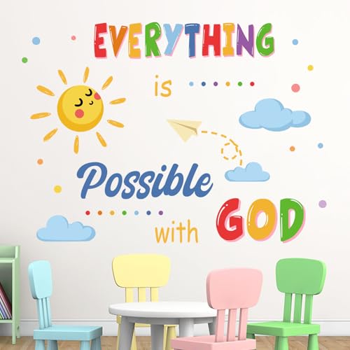 Yovkky Inspirational Everything is Possible with God Wall Decals Stickers, Colorful Sun Cloud Paper Plane Toddler Baby Nursery Decor, Positive Home Decorations Kids Bedroom Playroom Classroom Art