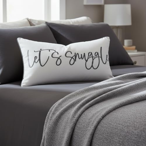 Sunkifover Let's Snuggle Decorative Lumbar Pillow Cover - 12x20 Inch White and Grey Cotton Embroidery Throw Pillowcase for Bed, Bedroom, Living Room, Home Decor