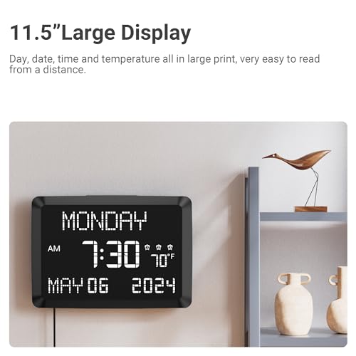 11.5” Extra Large Digital Wall Clock with Date and Day of Week , Electric Desk Clock for Seniors, Large Display Alarm Clock for Bedroom with Battery Backup, 5 Dimmer, 2 USB Ports, Indoor Temp, 12/24H