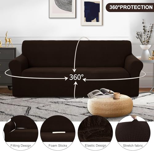 U-NICE HOME Stretch Couch Cover Slipcover for 3 Cushion Sofa, Chocolate | 1-Piece Sofa cover, Washable, Pet friendly, Furniture protector, Polyester Spandex Jacquard fabric