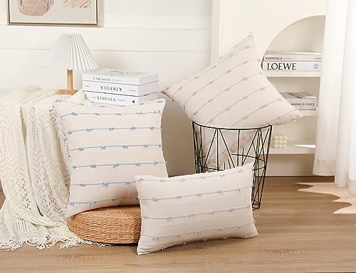 NUYECY Set of 2 Boho Throw Pillow Covers 18x18,Light Blue and White Neutral Couch Pillow Case with Tassel Fringe Decorative,Modern Accent Farmhouse Cushion Covers for Sofa Couch Bed Living Room