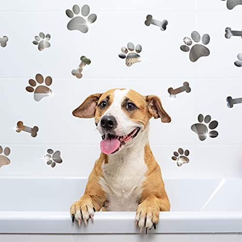 26 Pcs Acrylic Mirror Wall Stickers - Dog Paw Bones Prints, Removable Dog Pup Room Wall Decors for Kids Children Nursery Bedroom Home Decoration