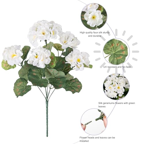 Fake Geraniums Artificial Flowers for Outdoors Outside, 6 Bundles White Silk Geraniums Fake Flowers Plants Realistic UV Resistant Faux Flowers for Outdoor Planters Garden Balcony Yard Porch Indoor