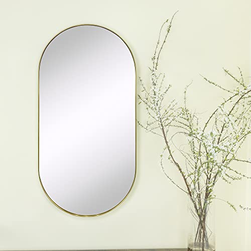 TEHOME Brushed Gold Oval Bathroom Mirror 20x40'' Pill Shaped Oblong Vanity Mirror Metal Framed Capsule Mirror for Wall in Stainless Steel Rounded Mirrors for Wall Mounted
