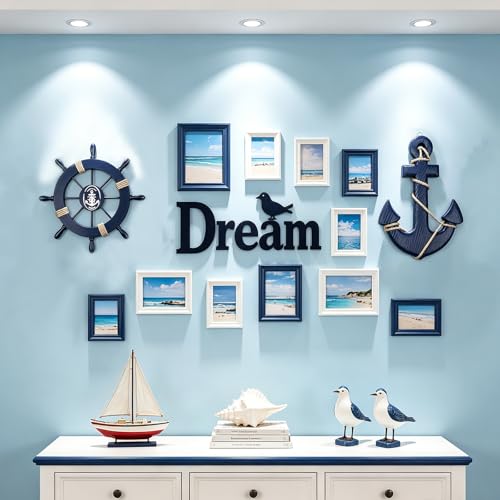 2 Pack 11" Nautical Beach Wooden Ship Wheel and 13" Wooden Anchor with Rope Nautical Boat Steering Wheel Rudder Anchor Wall Art Decor Door Hanging Ornament Beach Theme Home Decoration(Blue)
