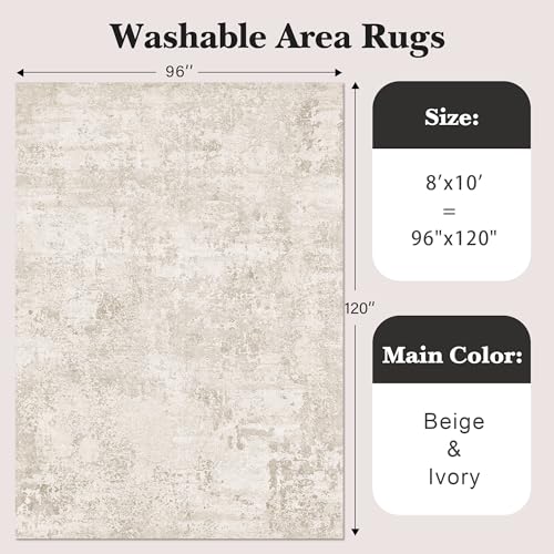 Art&Tuft Washable Rugs 8x10, Anti-Slip Backing Abstract 8x10 Area Rugs for Living Room, Foldable Stain Resistant Machine Washable Area Rug (8'x10', Beige)