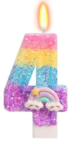 Rainbow Candles for Cakes, Number 4 Candle Rainbow Cake Topper for 4th Birthday Decorations Girl