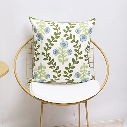 Set of 2 Embroidered Decorative Throw Pillow Covers Couch Square Pillowcases Cushion for Bedroom Sofa Farmhouse Decor 18x18 Inch (Blue Floral)