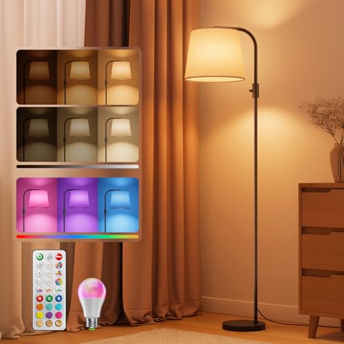 LED Arc Floor Lamp for Living Room, 65" with Magnetic Remote, RGB Color-Changing, 1600K Amber & 4000K Daylight, 0.1%-100% Dimmable, 1200lm, 350° Swivel Woven Linen Shade, Sofa & Reading Lamp