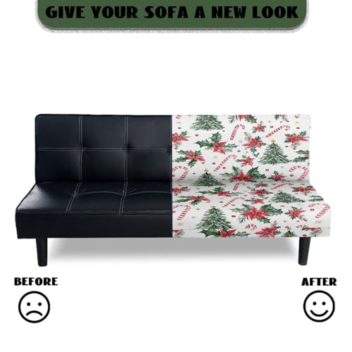 Christmas Tree Armless Sofa Bed Cover Candy Cane Print Stretch Couch Slipcover Folding Sofa Couch Futon Covers Full Size Furniture Protector Cover