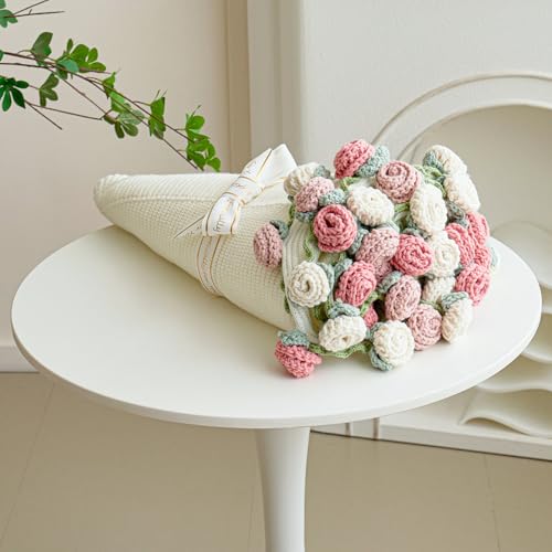 Crochet Flower Bouquet Throw Blanket, Handmade Knitted Blanket with Rose Flowers, Cute Romantic Gift for Her Girlfriend Mom Mother’s Day Valentine Wedding Anniversary Birthday (Without Packaging Bag)