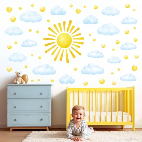 DECOWALL DS12-8079 78pcs Sun Clouds Polka dot Wall Stickers Decals Art Baby Bedroom Boho Classroom décor Living Kids Home Nursery playroom Removable Sunshine Vinyl DIY