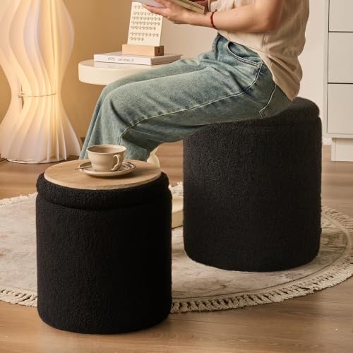 Set of 2 Round Storage Ottoman, Black Boucle Ottoman with Storage