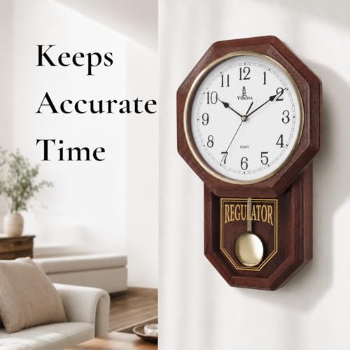 Pendulum Wall Clock - Real Wood Regulator Clock - Schoolhouse Design - Quiet, Non-Chiming, Wooden & Battery Operated - Decorative Wall Decor for Living Room, Home, Office 18x11