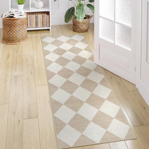 Checkered Print Carpet Runners for Hallway 6ft, Beige Ultra Thin Washable Kitchen Runner Rug Non Slip, Moroccan Plaid Checkerboard Decor Faux Wool 2x6 Rug for Bedroom Bathroom Entryway