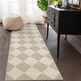 Checkered Print Rug Runners for Hallways Non Slip 2.5x8, Ultra Thin Beige Kitchen Runner Rugs Non Skid Washable, Classic Neutral Gingham Decor Faux Wool Carpet for Bathroom Bedroom Entryway