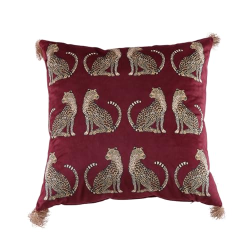 Lumbar Decorative Throw Pillow Cover with Tassels Leopard Pattern Cushion Cover Luxury Style Soft Velvet Pillowcase for Sofa Couch Bedroom (18"x18",Wine Red)