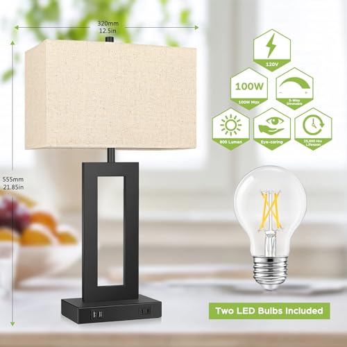 Set of 2 Touch Control Table Lamp with 2 USB Ports, 3-Way Dimmable Modern Nightstand Lamp Sets Bedside Touch Desk Lamp with Fabric Cream Shade For Bedroom Table Living Room Reading, Included Bulbs