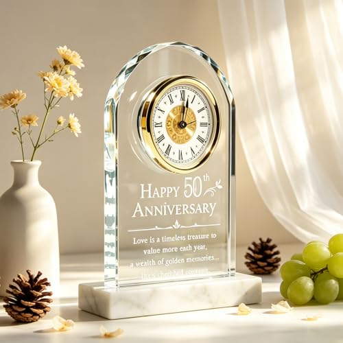 Anxingo 50th Wedding Anniversary Clock, Gold Crystal Quartz Clock for Parents, Elegant Golden Keepsake for Couples, 50 Years of Love Celebration Gift, 5.91x7.87 Inch (Battery Not Included)