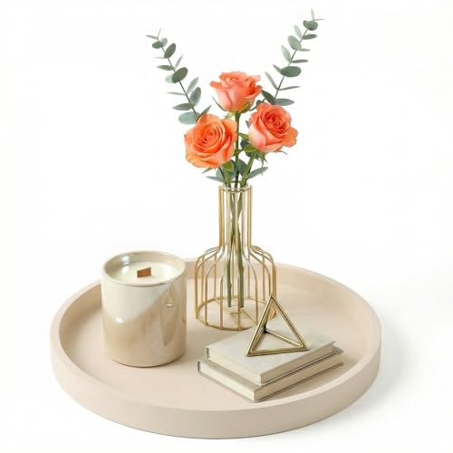 Round Beige Silicone Decorative Bathroom Vanity Tray 9 Inch, Counter Tray for Bathroom Countertop Perfume Holder Dresser Organizer Coffee Table Candle, Non-Slip Durable for Home Use