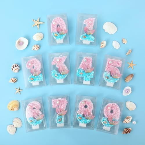 AKURIEEY Mermaid 3rd Birthday Candle Pink Blue Numbers 3 Candle for Girls Cake Topper Cupcake Decorations Ocean Theme Party Decor Anniversary Celebrations Supplies