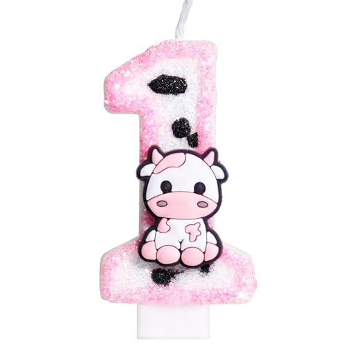 Pink Cow Glitter Birthday Candles Number 1 Birthday Decorations, Holy Cow Im One Birthday Decorations, Number 1 Candle for Cake, Cowgirl Theme Number Candle for Girls First 1st Birthday Party Décor