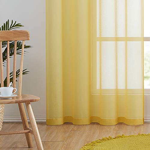 July Joy Semi Linen Look Sheer Curtains for Bedroom, Living Room Grommet Light Filtering Solid Voile Window Curtains, Set of 2 Panels (52 x 84 inch, Yellow)