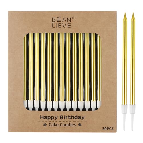 BEAN LIEVE 30-Count Gold Long Thin Metallic Birthday Candles, Cake Candles, Birthday Parties, Wedding Decorations, Party Candles, Cake Decorations