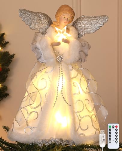 HMASYO Christmas Tree Topper Angel with Timer Lights, 12" Angel Tree Toppers with Silver Wings, Star Light, Remote Control and USB Power Xmas Treetop Decoration for Indoor Office Holiday Party