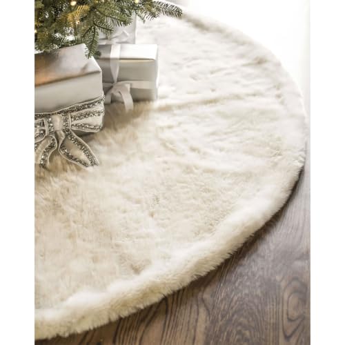 Balsam Hill Lodge Faux Fur Christmas Tree Skirt - Premium Rustic and Luxurious Fur Accents in Brown and Ivory for Tree Decor, Ivory, 72"