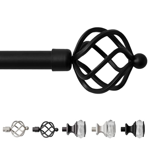 Sharpliving Black Curtain Rod for Living Room 48 to 84 Inch Long, 1 Pack 3/4 Inch Diameter Single Adjustable Bedroom Window Curtain Rod with Brackets, Decorative Curtains Rods with Spiral Finials