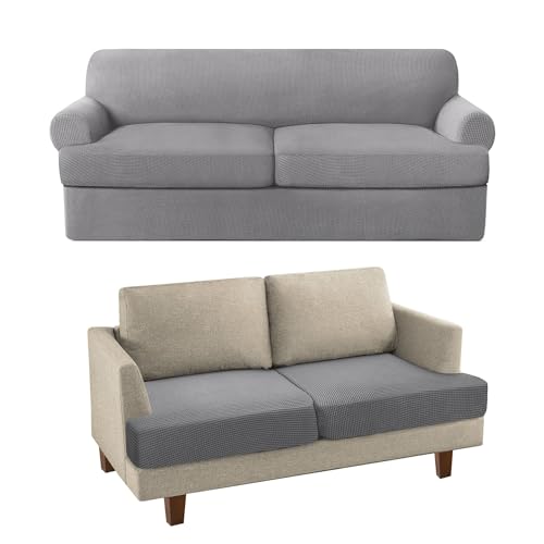 PrinceDeco 3 Pieces Loveseat Slipcover Bundle T Cushion Seat Couch Covers, Dove