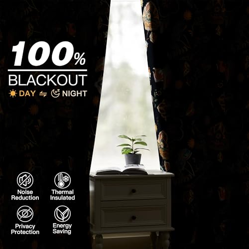 XiDi Navy Blue Vintage Floral Patterned Blackout Curtains Boho 84 Inches Long for Living Room Bedroom 2 Panels Thermal Insulated Luxury Modern Dark Botanical Printed Curtains Grommet Drapes 52x84