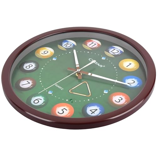 OSTAR Big Large Billiard Pool Ball Wall Clock, Battery Operated, Cue Hand, Non Ticking Quality Quartz, 14" Snooker Game