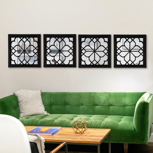 ZEXUIRU 4 Set Rustic Wall Mirrors for Bedroom Bathroom Living Room Entryway Wood Farmhouse Square Easy to Hang Framed Decorative Accent Hanging Wall-Mounted Mirror Set for Living Room - Black