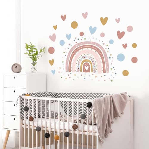 Supzone Rainbow Flower Wall Stickers - Boho Rainbow Wall Decal with Colorful Dots, Hearts, Stars for Girls Baby Nursery Bedroom Playroom DIY Vinyl Mural Art