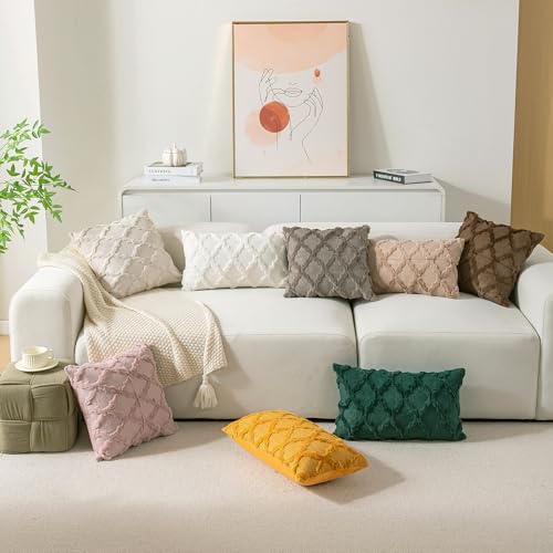 Set of 2 Soft Moroccan Throw Pillow Covers 18x18 Inch Plush Boho Decorative Pillow Cover Accent Cushion Case for Couch Sofa Bed, Beige