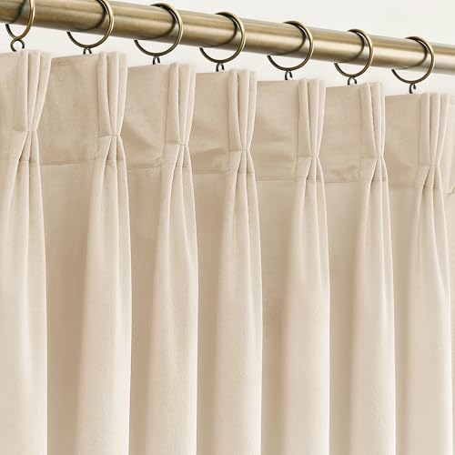 Triple Pinch Pleated Cream Velvet Curtains 84 inches Long Living Room Darkening Curtain Neutral Modern Farmhouse French Pinch Pleat Drapery Panel Heavy Thick Light Filtering Velvet Curtain for Bedroom