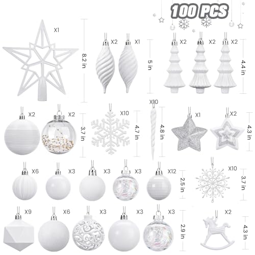SHareconn 100pcs Christmas Tree Decorations Ornaments Set, Shatterproof Plastic Baubles Decorative Balls for Xmas Tree Decor Holiday Wedding Party, White
